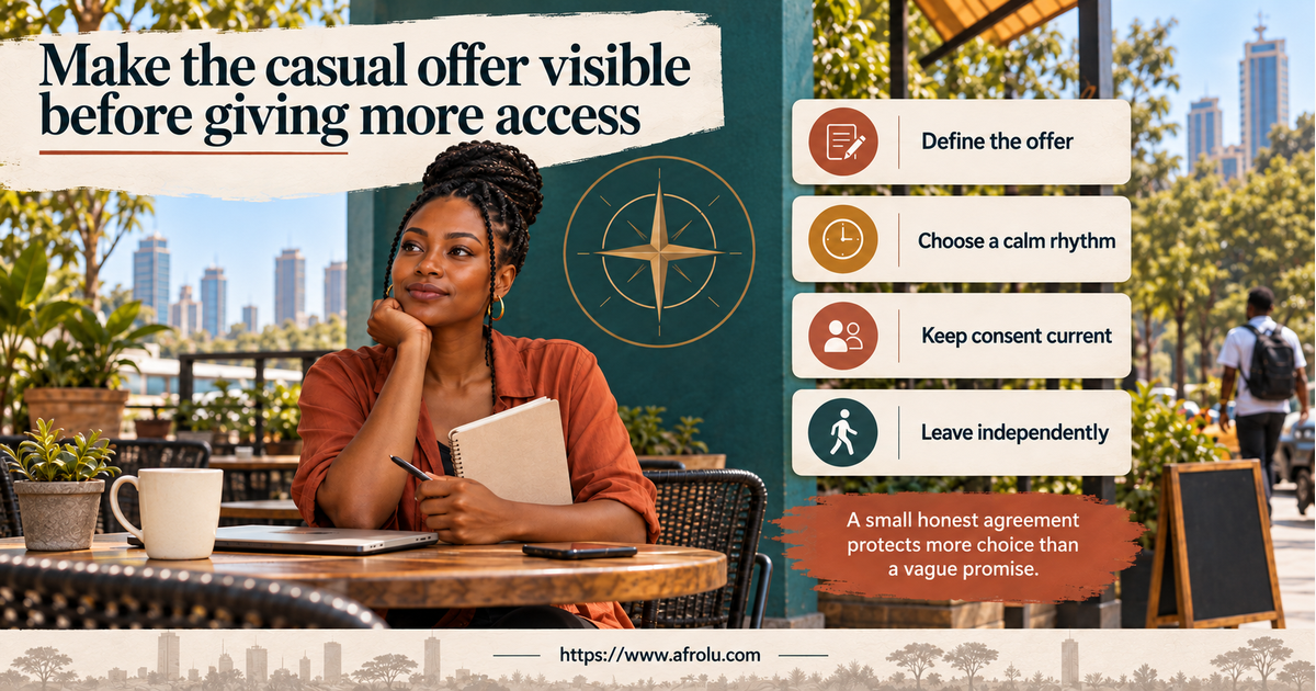 Adult faith-led dater in a calm public café setting considers a low-pressure talking-stage compass with clear contact, consent, privacy, public-plan and independent-exit cues