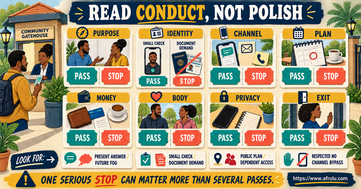 Talking-stage safety signals for later entrants across purpose identity privacy meetings money consent and exit