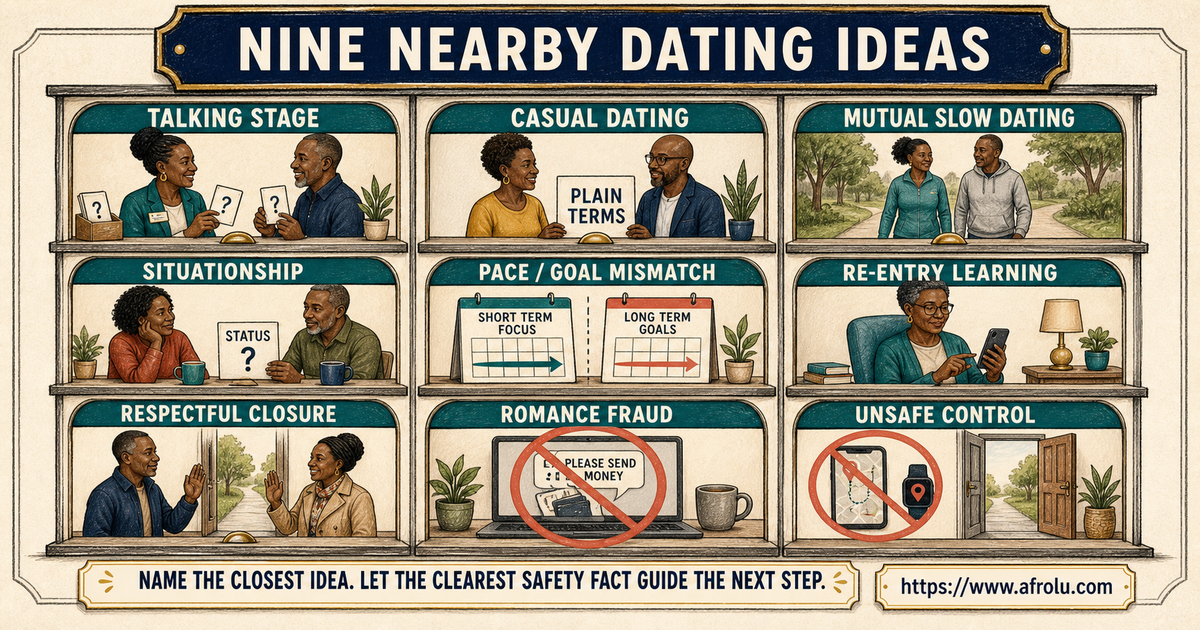 Nine equal later-entry dating concepts from talking stage and casual dating to respectful closure fraud and unsafe control