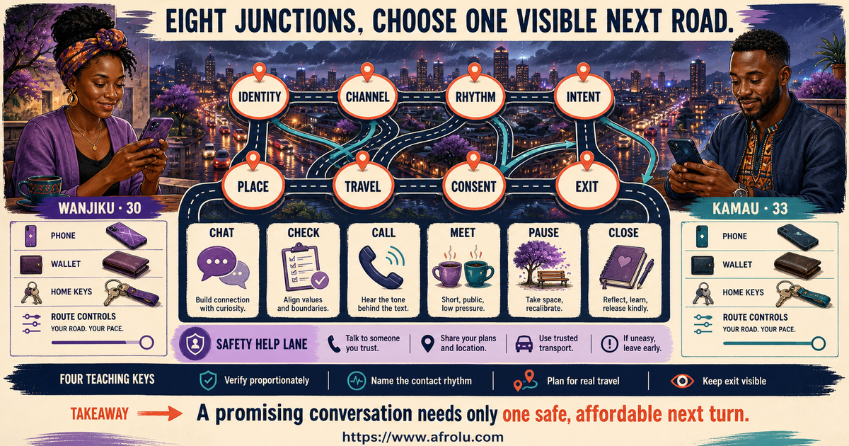 Wanjiku age 30 and Kamau age 33 reviewing eight Nairobi talking-stage junctions from identity to exit