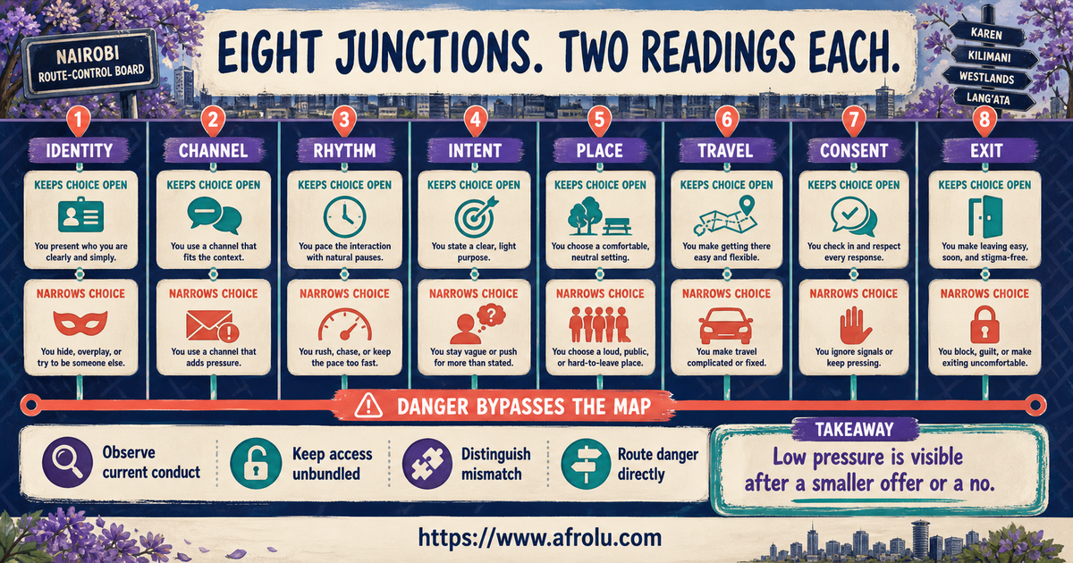 Sixteen Nairobi talking-stage signals across identity channel rhythm intent place travel consent and exit