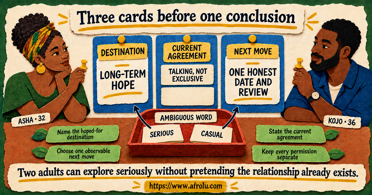 Asha and Kojo holding separate choice pins beside destination current agreement and next move cards for a new talking stage