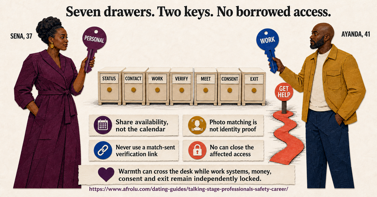 Sena and Ayanda beside seven separate talking-stage drawers and two independently held personal and work keys