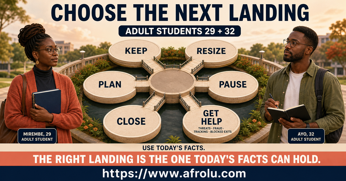 Six next landings for keeping resizing planning pausing closing or getting help in an adult-student talking stage