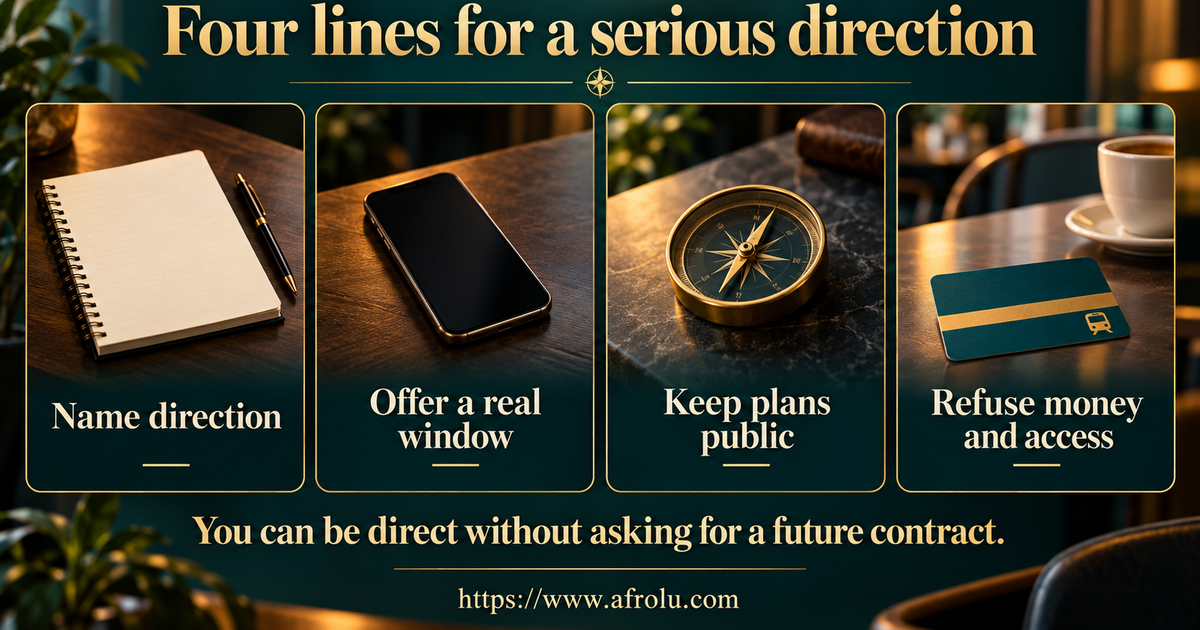 Four large plain-language scripts for serious dating direction, a career call limit, a public first meeting and refusing money or student access