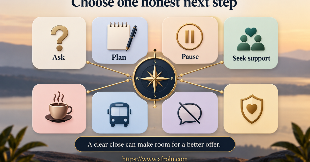 Eight equal-choice board for asking once, planning a public coffee, protecting study time, keeping one call, pausing apps, reporting pressure, seeking support or closing a talking stage