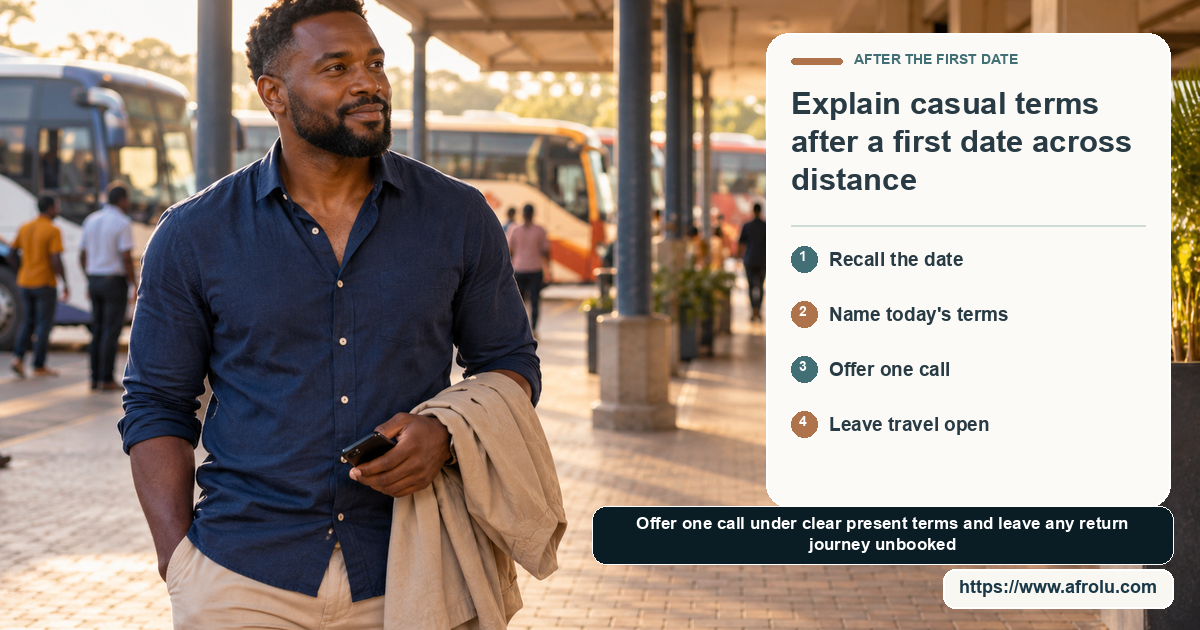 A clearly adult Black man in a navy shirt holds a jacket and phone at an open-air coach plaza after a visit.