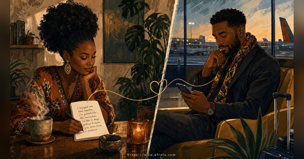 Texting After a First Date: Close the Loop, Open One Door for Diaspora Daters: Clarity-first in Distance-Aware Dating: Afrolu overview illustration