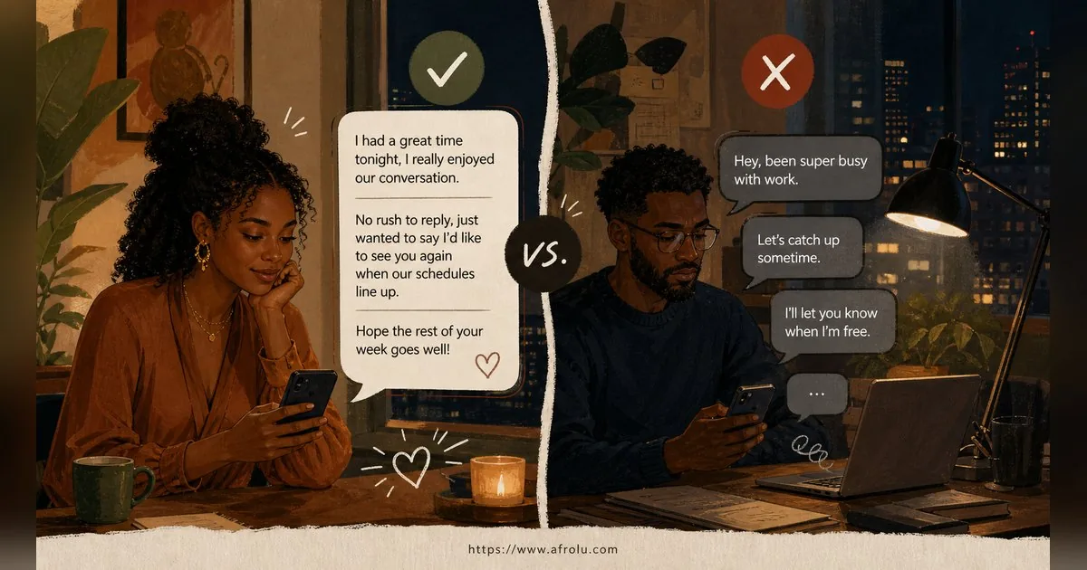Texting After a First Date: Close the Loop, Open One Door for Diaspora Daters: Low-pressure in Career-Heavy Seasons: Afrolu nearby concept comparison