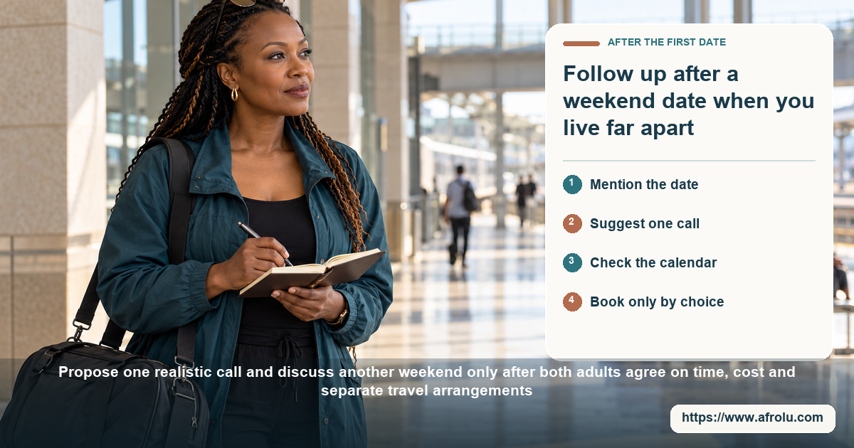 A clearly adult Black Kenyan woman with a travel bag holds an open notebook in a bright station concourse.