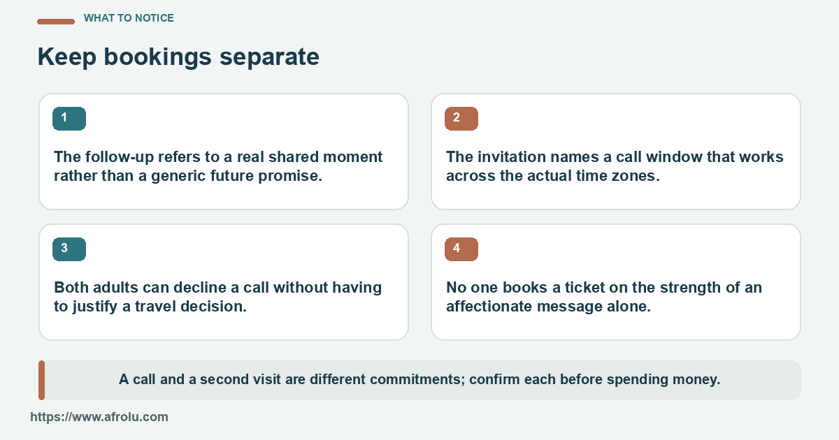 Four checks for a cross-border follow-up: a real shared moment, a workable call time, room to decline and no assumed ticket.