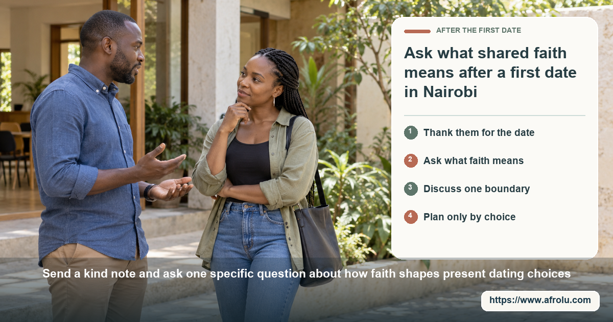 Two clearly adult Black Kenyan people talk outside a leafy unbranded community building in daylight, with space between them.