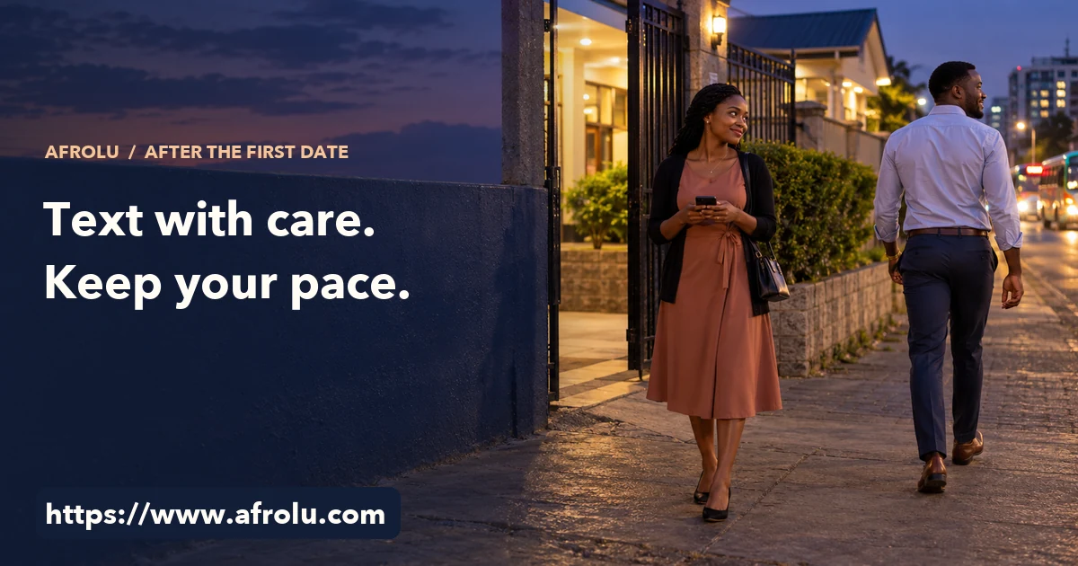 A woman holding her phone stands outside a lit Nairobi community hall as her first date walks toward a public street at dusk.
