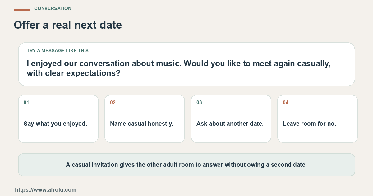 A sample message and four practical conversation prompts for an adult who enjoyed a first date but wants casual interest to stay honest and understandable.