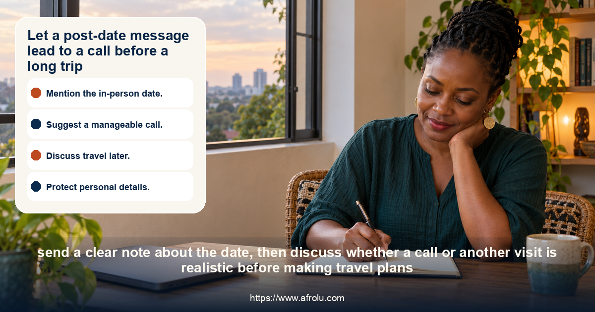 An adult Black Kenyan woman writes a post-date message at a bright home desk, with a closed laptop and no visible personal information.
