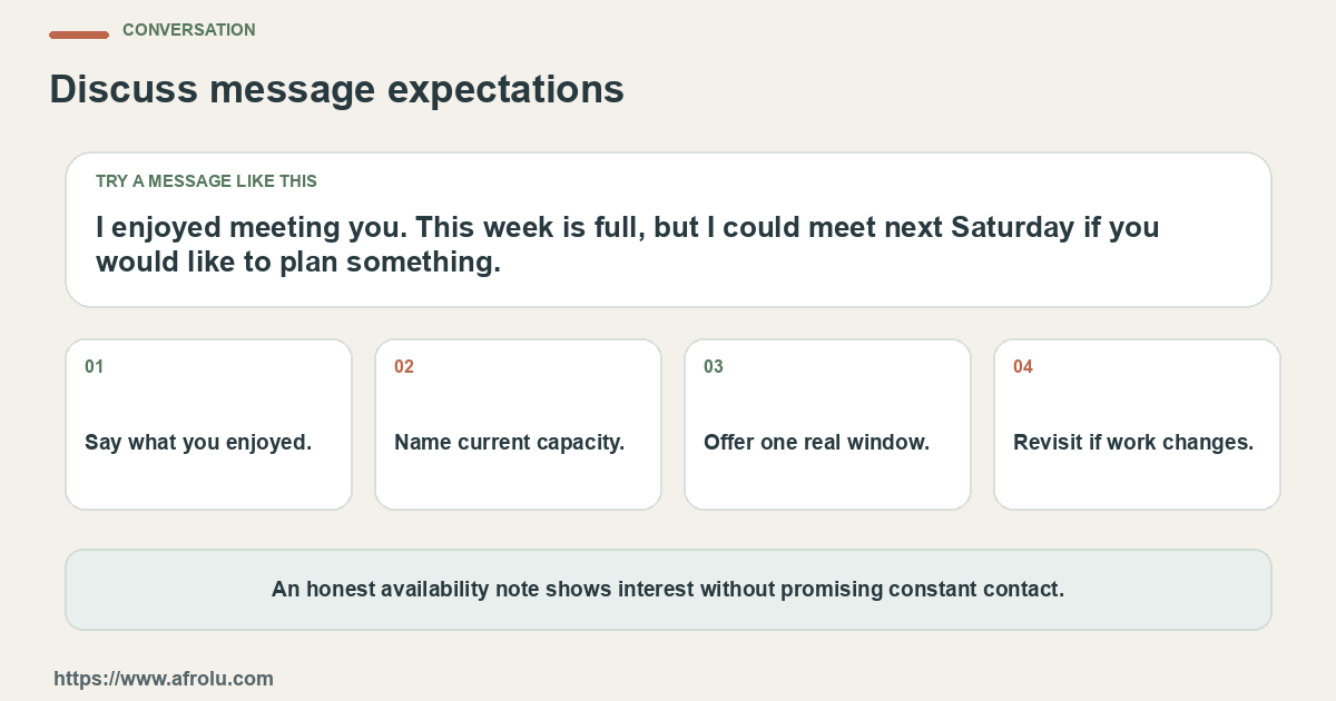 A sample message and four practical conversation prompts for an adult with a demanding work season who wants to follow up after a first date without promising constant contact.
