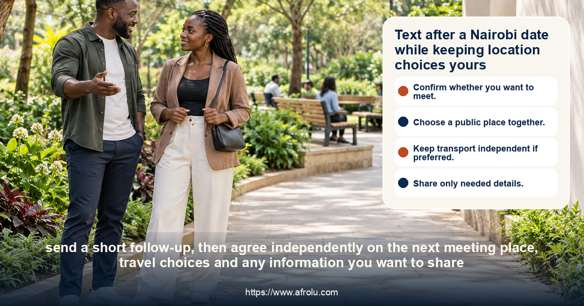 Two clearly adult Black Kenyan people speak in daylight at a busy but calm public Nairobi garden entrance, with open paths and no visible signs.