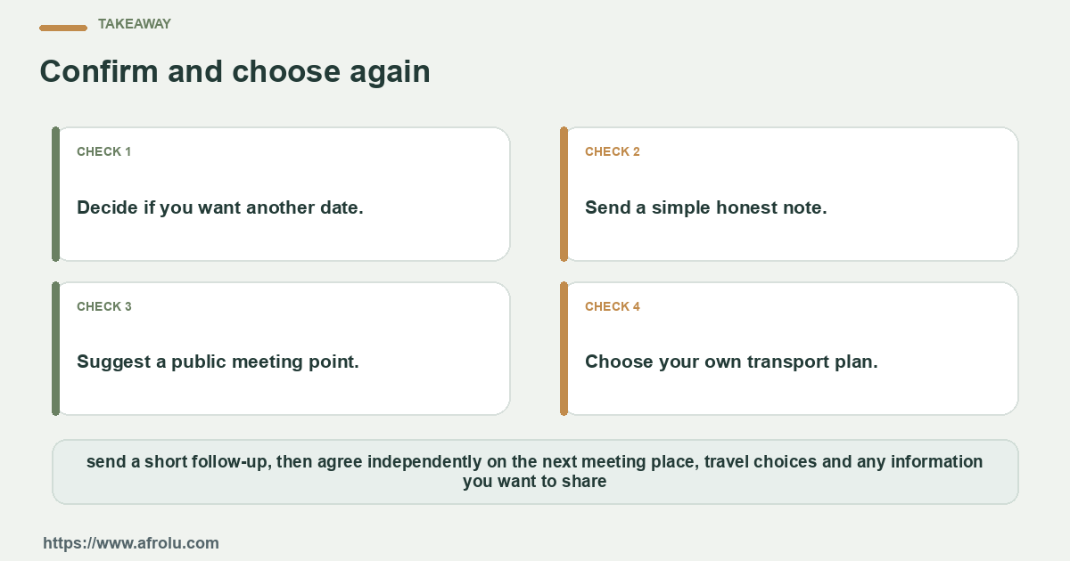 Four practical choices for an adult in Nairobi following up after a first date while protecting location, transport and personal boundaries: name the question, set a limit, notice the answer and choose again.