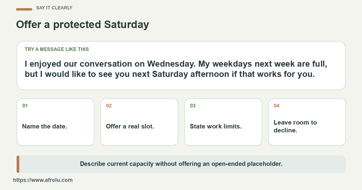 Sample Wednesday follow-up offering a specific Saturday afternoon.