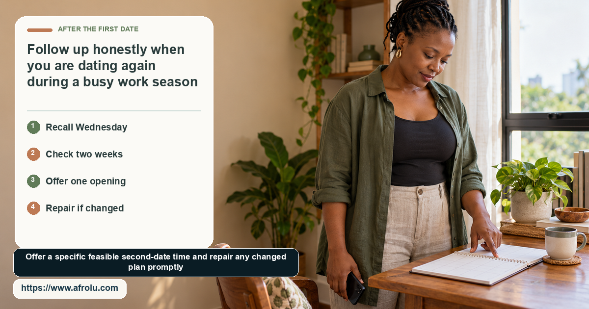 A clearly adult Black woman at a home study table points to a blank paper planner while considering a first-date follow-up.