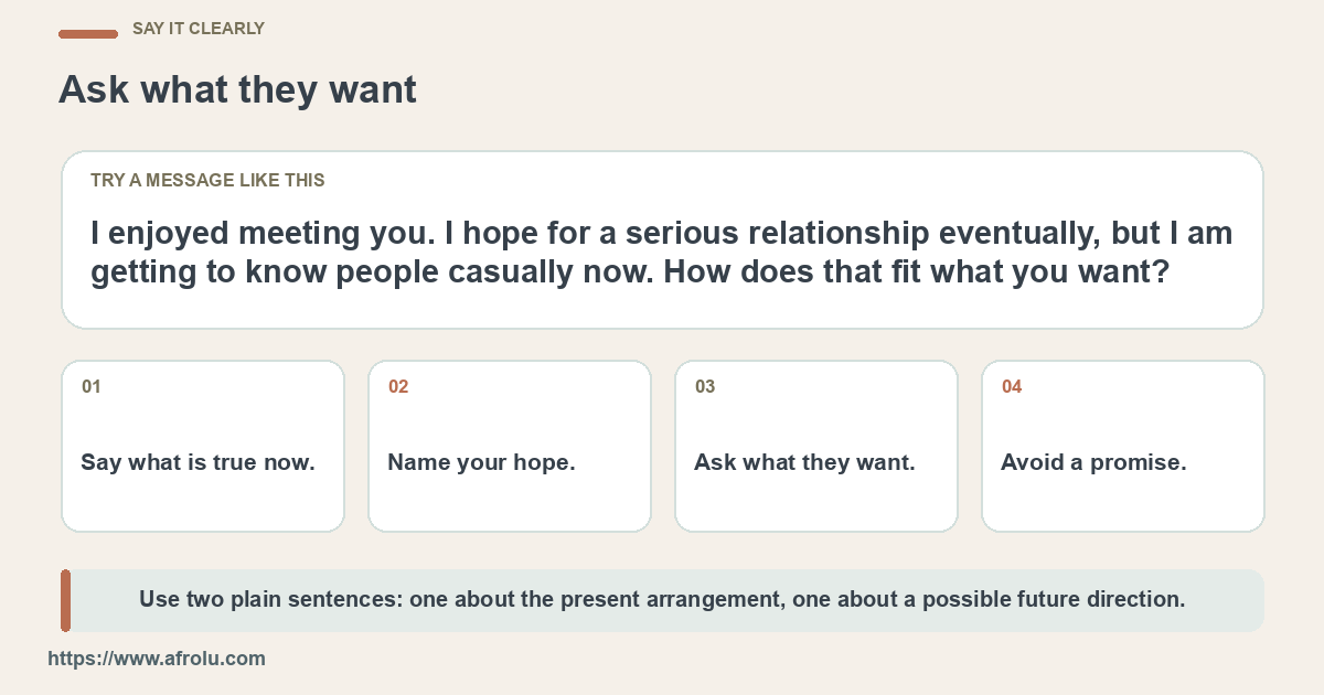 Sample message explaining casual dating now and a serious hope later, with prompts for the other adult's preference.