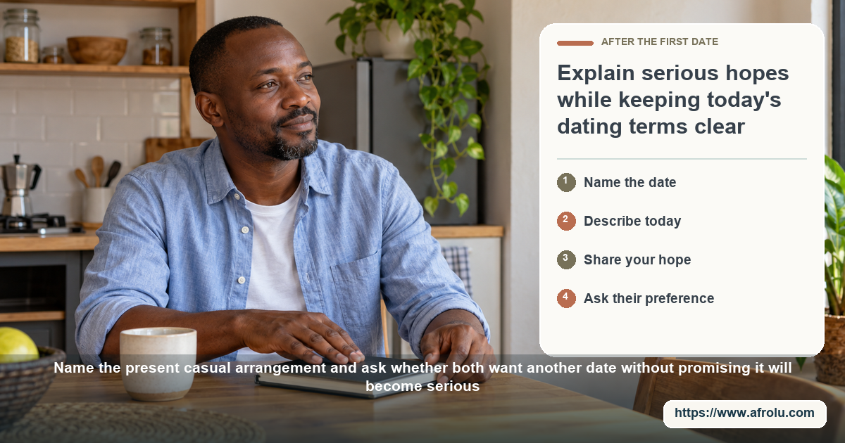 A clearly adult Black Kenyan man sits at a home table with a hand on a closed notebook, considering a first-date follow-up.