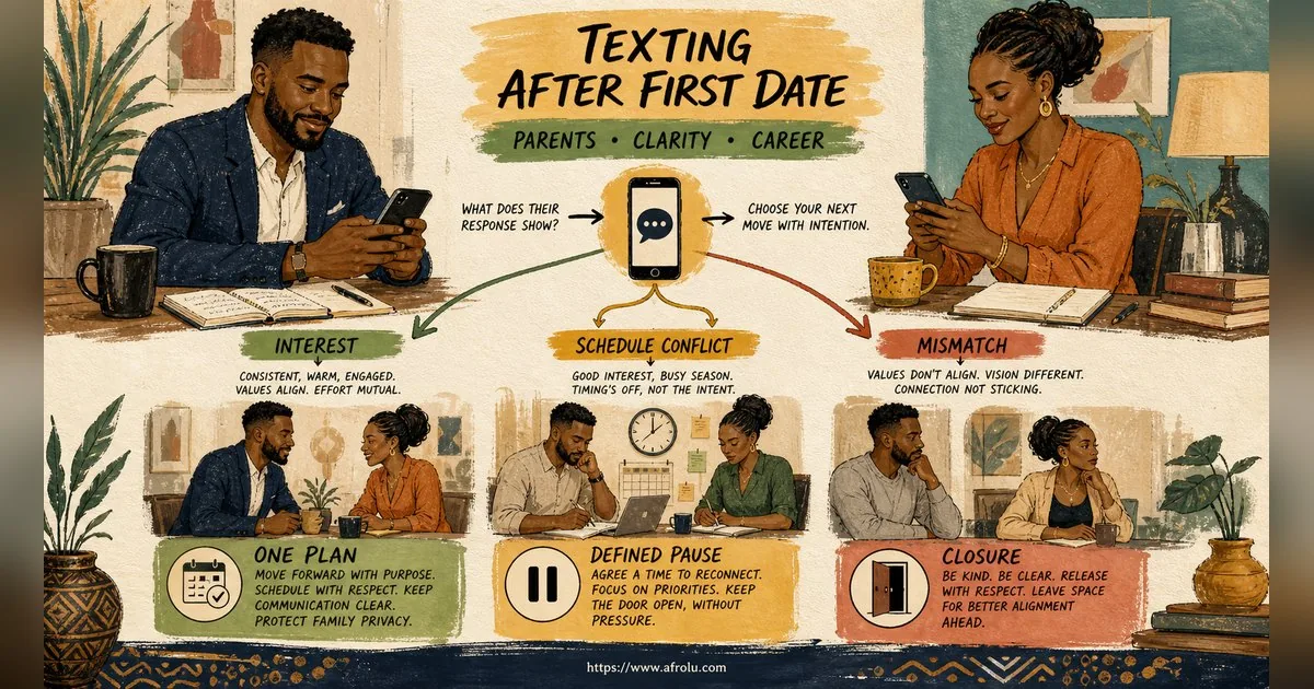Texting After a First Date: Close the Loop, Open One Door for Parents Returning To Dating: Clarity-first in Career-Heavy Seasons: Afrolu decision path