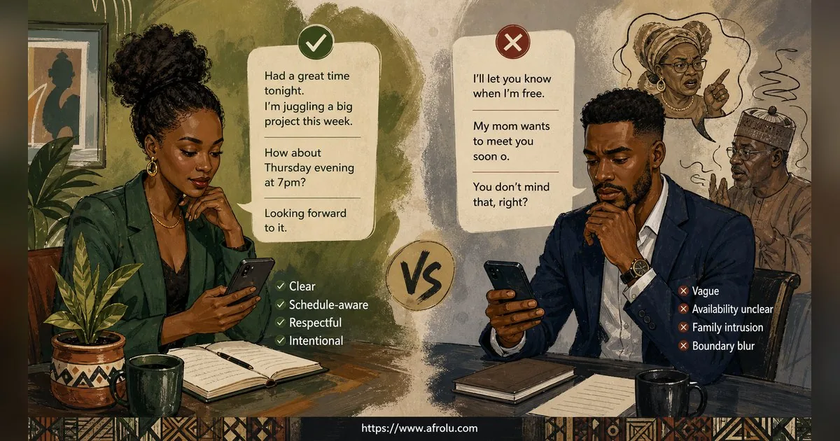 Texting After a First Date: Close the Loop, Open One Door for Parents Returning To Dating: Clarity-first in Career-Heavy Seasons: Afrolu nearby concept comparison