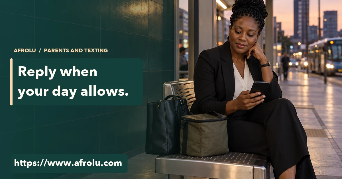 A parent checks a blank-screen phone at a city transit stop after a work shift.