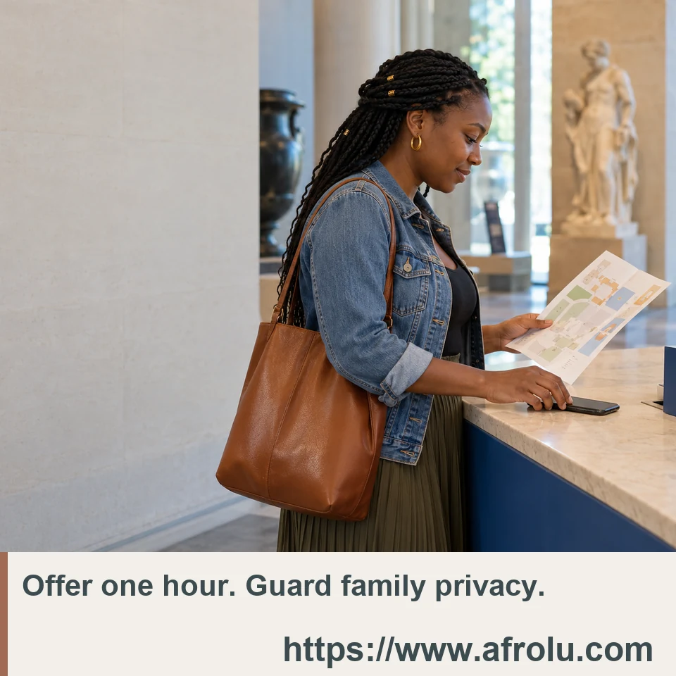 An adult parent studies an unmarked visitor map at a museum desk with a phone set down.