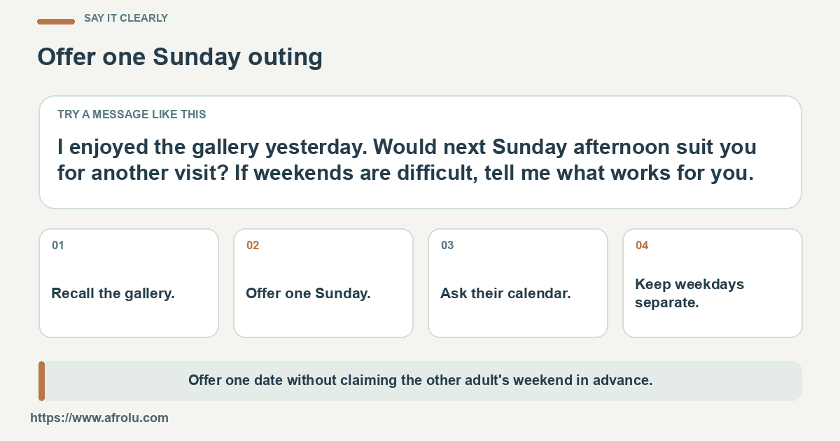 Sample gallery follow-up inviting one Sunday while asking for the other adult's window.