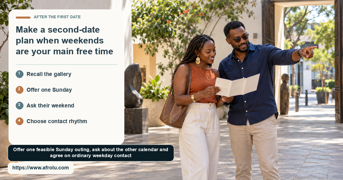 Two clearly adult Black people in an outdoor gallery courtyard consider a blank folded leaflet, with one pointing across the space.