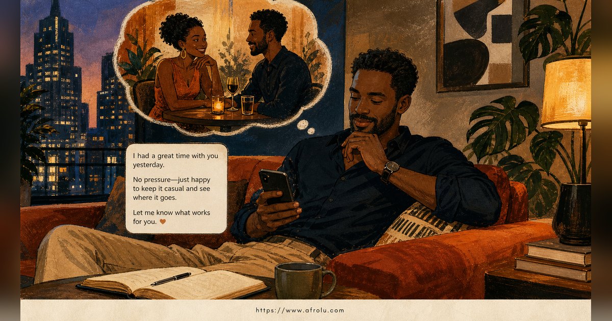 Texting After a First Date: Close the Loop, Open One Door for Professionals: Low-pressure in Casual-But-Honest Dating: Afrolu overview illustration