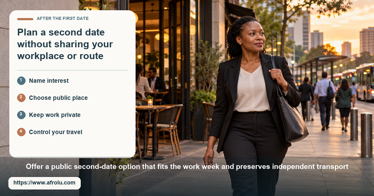 A clearly adult Black Kenyan woman with a plain tote walks past a public café toward a transit stop at dusk.