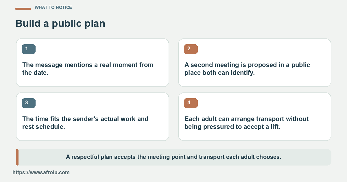 Four checks for a work-aware second date: a genuine invitation, a public place, a feasible time and independent travel.