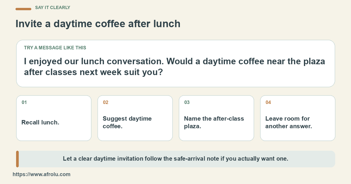 Later invitation after lunch asking about daytime coffee near the plaza, following a separate safe-arrival note.