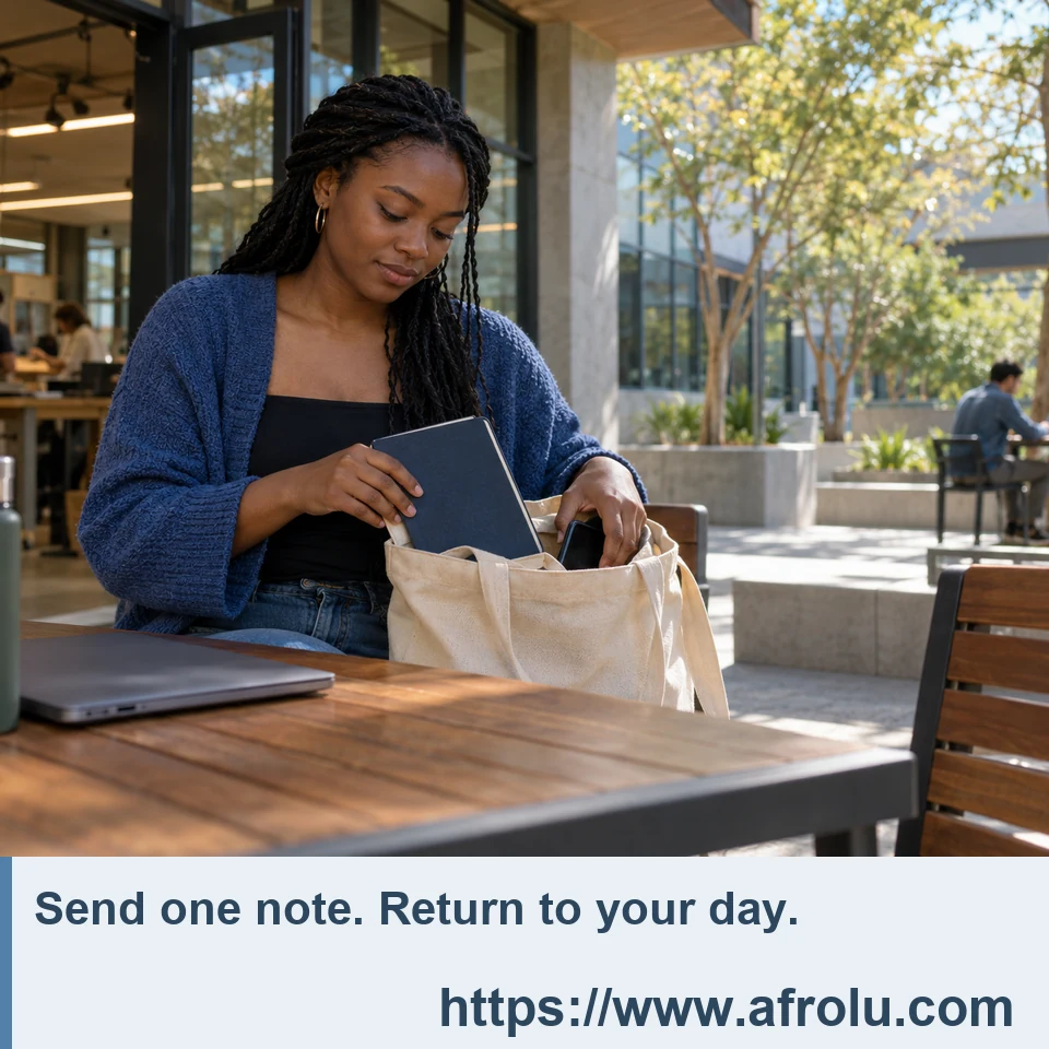An adult student closes a notebook and puts a phone into a tote at an outdoor study table.