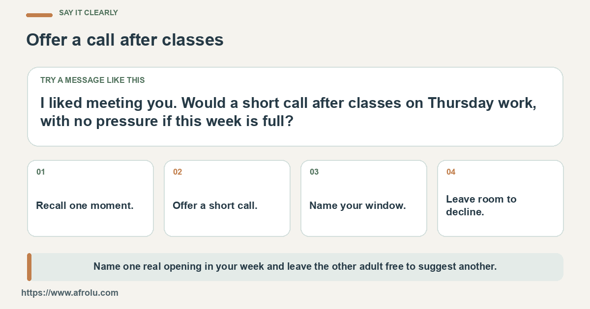 Sample message offering a short Thursday call after classes, with prompts for timing and contact pace.
