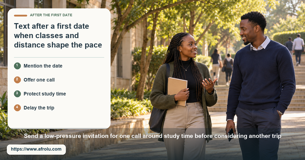 Two clearly adult Black Kenyan university students converse on a leafy campus walkway; one carries a shoulder bag and notebook.