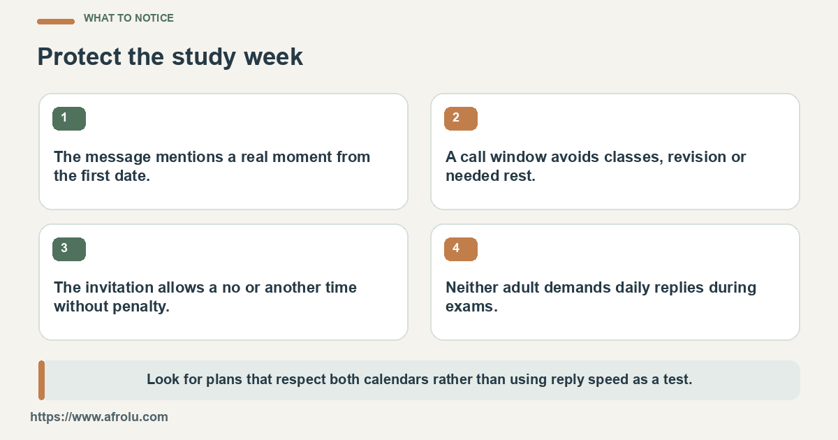 Four checks for a student follow-up: date-specific thanks, a free call slot, room to decline and no exam-week message demand.