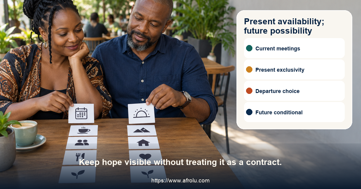 Two adults compare a current meeting card with a distant future card
