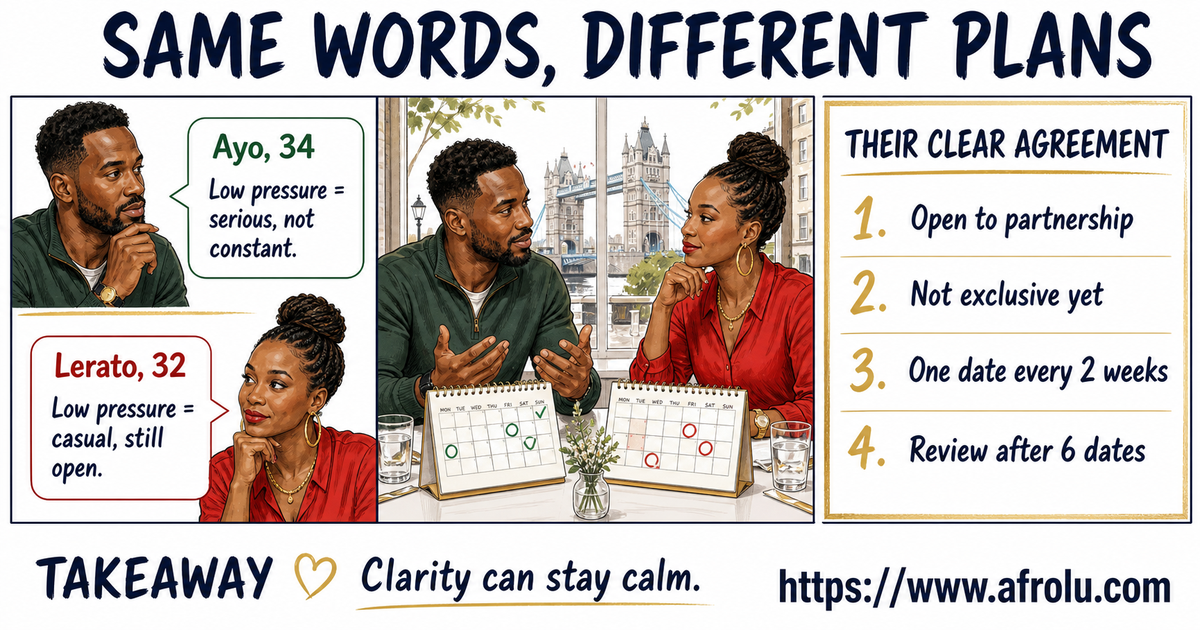 A three-part adult dating story shows Ayo and Lerato naming different meanings of low pressure before agreeing on intention, exclusivity, pace, and a six-date review.