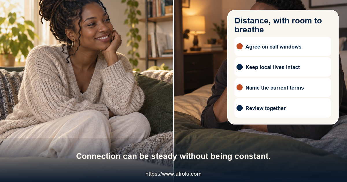Two adult diaspora daters share a relaxed video call across separate home settings