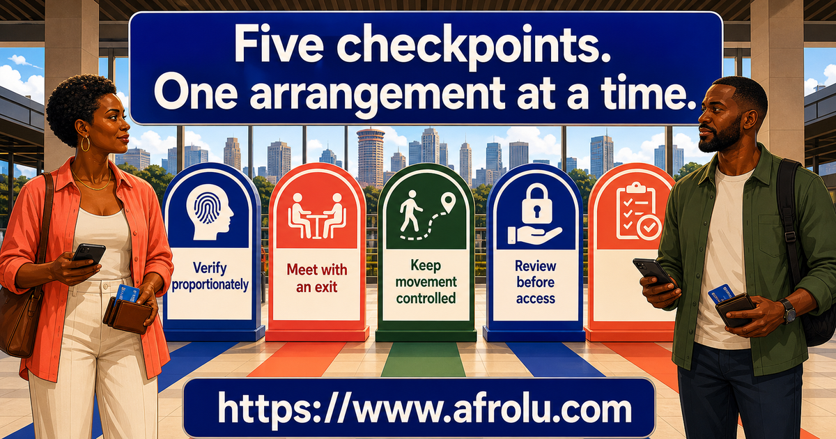 Fictional diaspora adults Zuri and Malik comparing five safety checkpoints before choosing a Nairobi dating arrangement