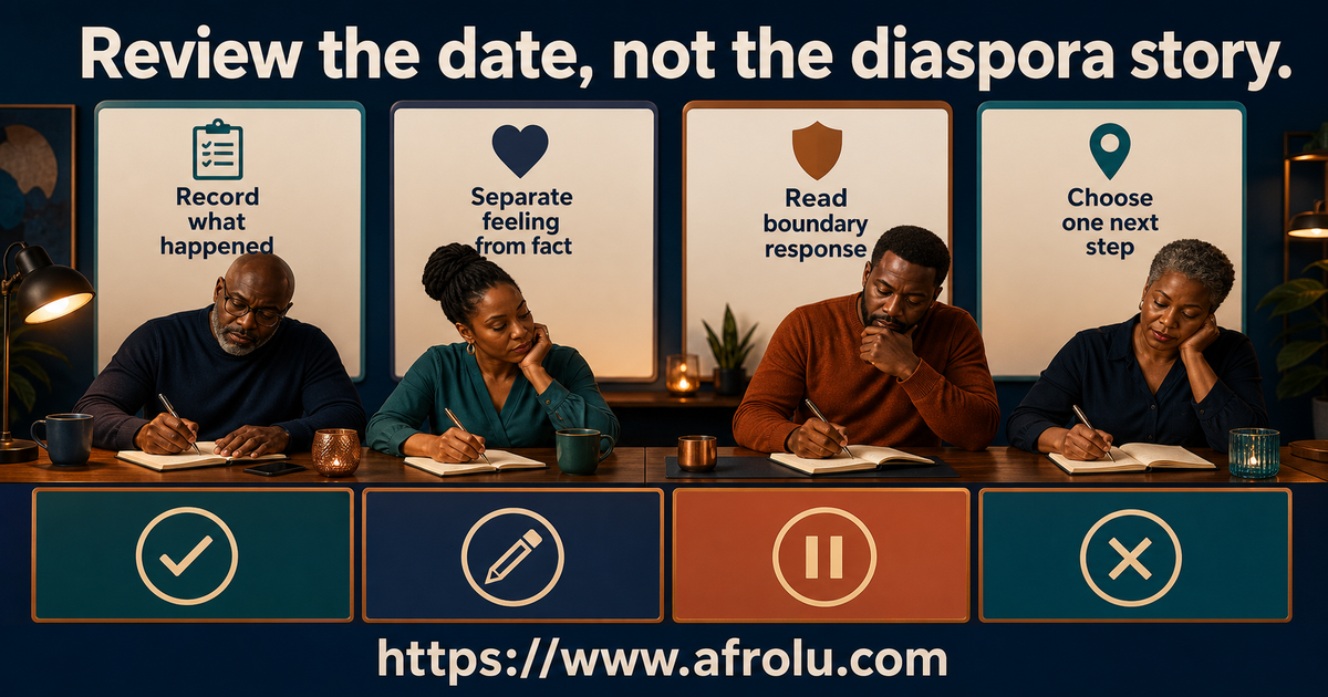 Six-part review board for facts feelings boundaries logistics conduct and next choice after a Nairobi diaspora date