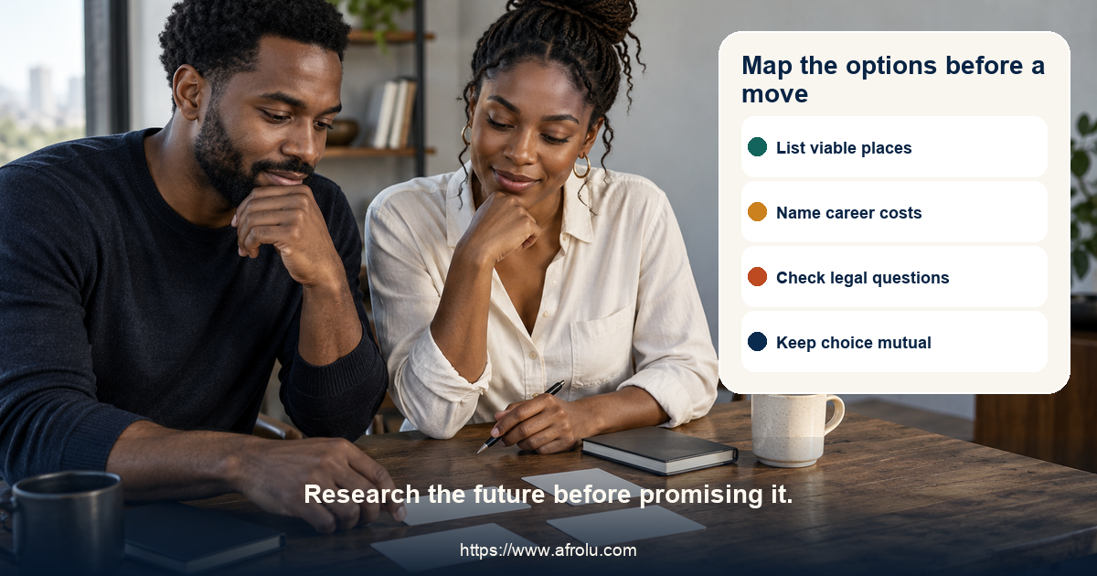 Two adults compare neutral location cards and career notes without choosing a city yet