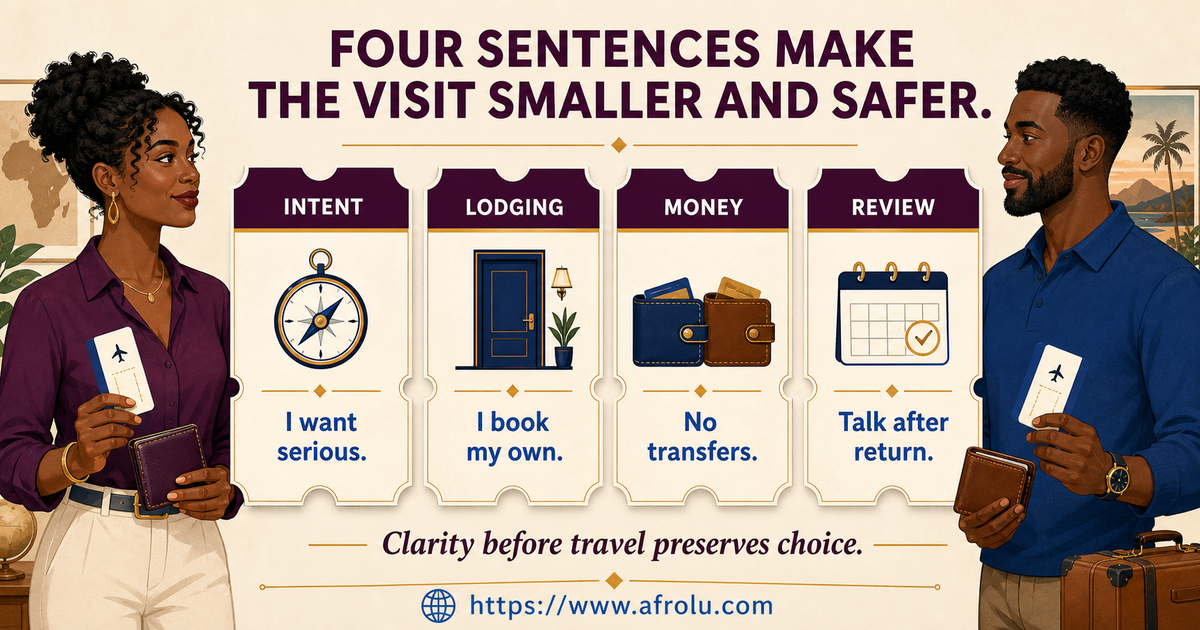 Four clear scripts for serious intent, lodging, travel money and post-weekend review in diaspora dating