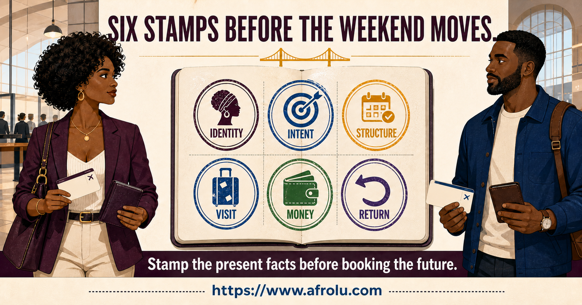 Fictional diaspora adults Amara age 35 and Kofi age 38 sorting six separate stamps for serious weekend dating