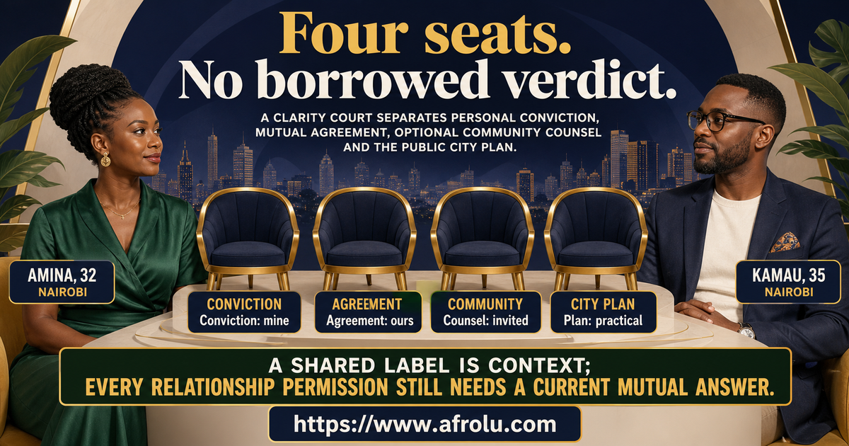 Fictional Nairobi adults Amina age 32 and Kamau age 35 using four separate seats for conviction agreement community and city planning
