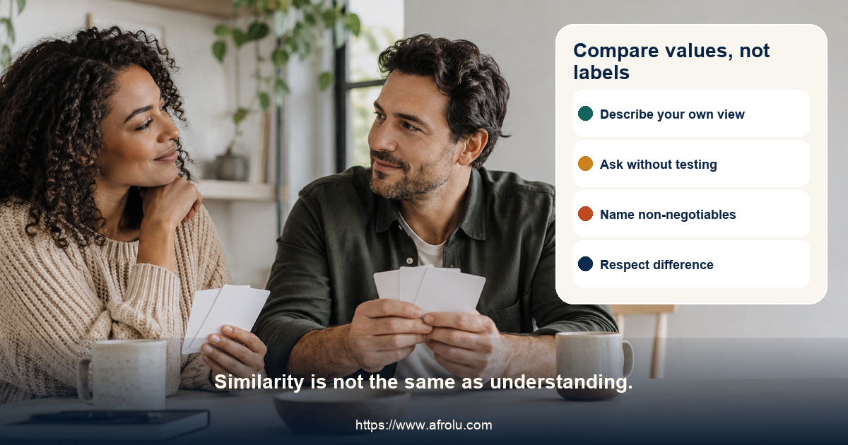 Two adults place separate blank value cards side by side without forcing a match